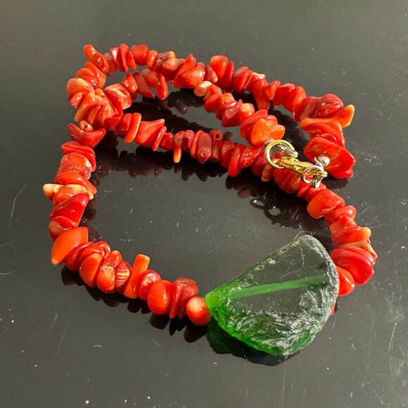 Green Sea Glass Red Coral Pendant Sterling Silver Necklace 925 Handmade Beach - Picture 10 of 11